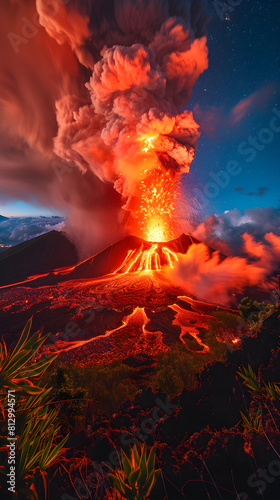 Captivating Display of Nature's Wrath: A Majestic Volcanic Eruption in the Dark of Night