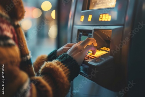 Closeup of hands withdrawing cash from an outdoor atm illuminated by evening city lights