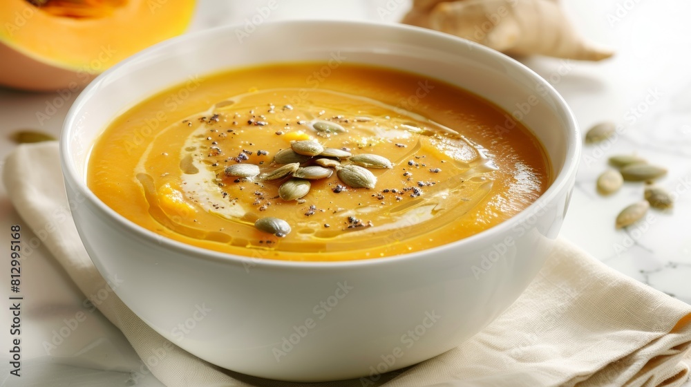 Pumpkin soup with cream sauce, coconut milk and ginger.
Pumpkin soup with cream sauce, coconut milk and ginger.