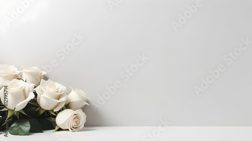 White Roses Blossom in corner on Blank White Empty Background Copy Space, Generative AI illustration