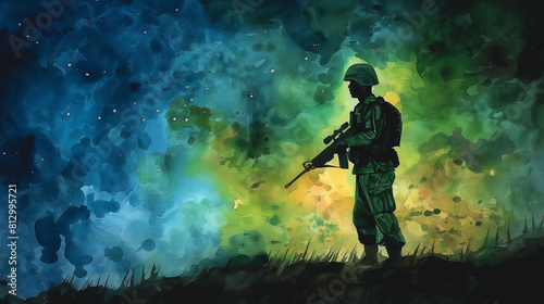 painting of a soldier with a rifle standing in a field