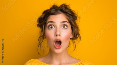 Head shot portrait of astonished surprised girl with wide open mouth eyes looking at camera isolated on vivid bright yellow background © Anastasija