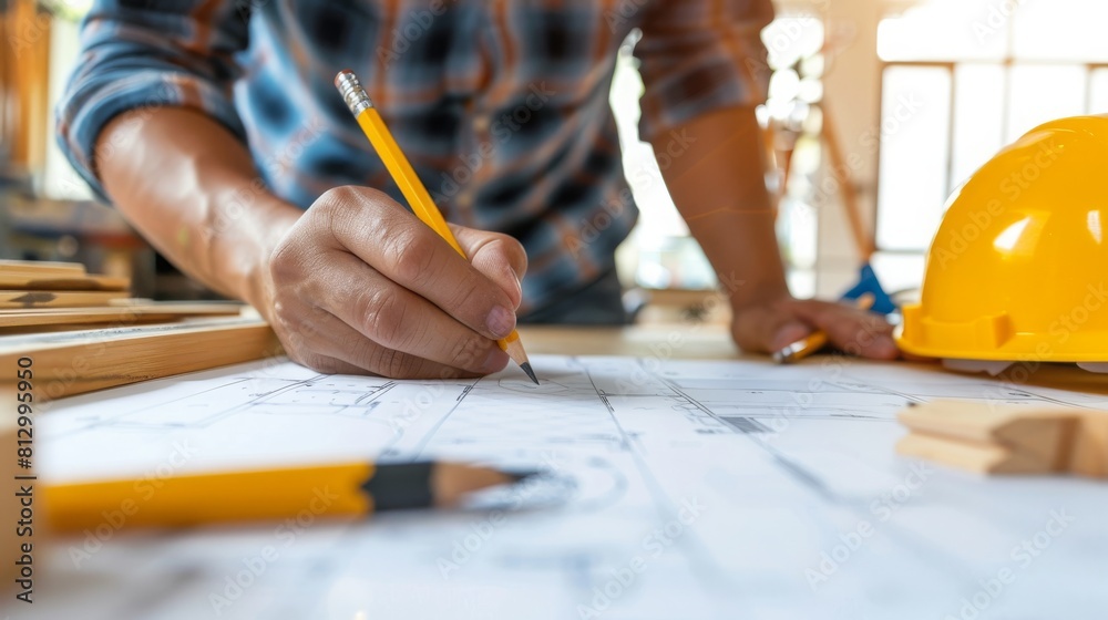 closeup male worker hand using pencil to sketch drawing draft design wooden workpiece in DIY workshop. closeup male worker hand using pencil to sketch drawing draft design wooden workpiece in DIY workshop.