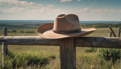 Cowboy hat on a fence in a field.