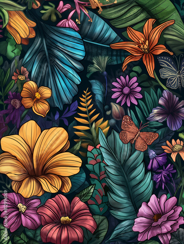 a close up of a colorful floral background with butterflies and flowers