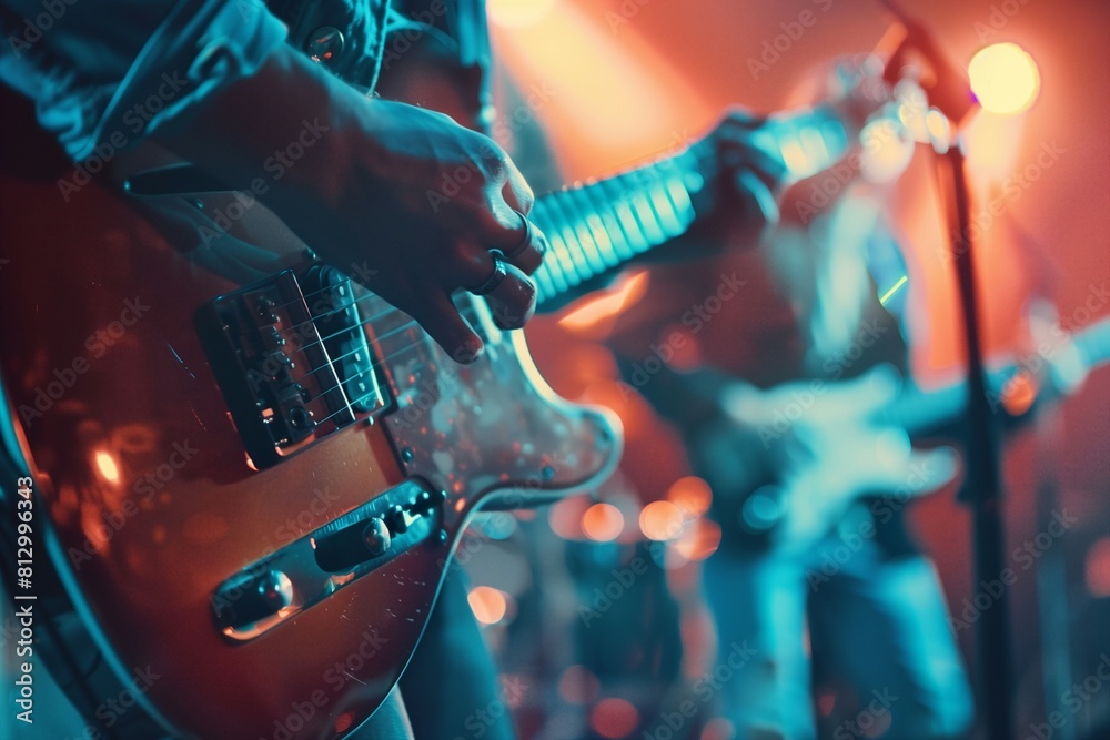 Naklejka premium A man playing a guitar in front of a microphone
