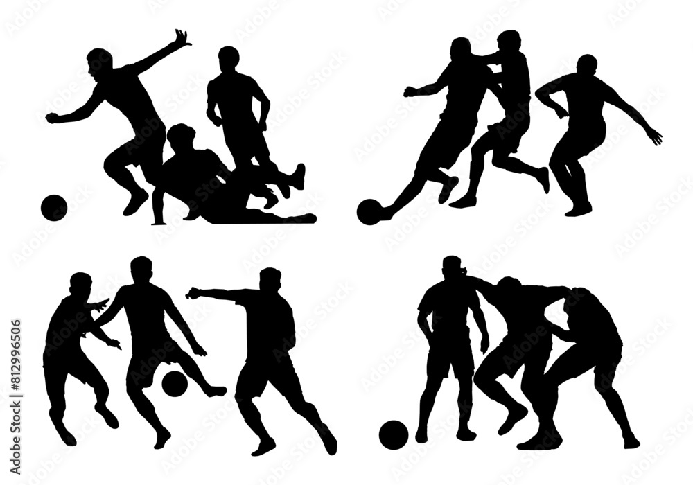 Fototapeta premium three Soccer players with ball. player silhouette. Players Set. High quality isolated on white background. Vector illustration