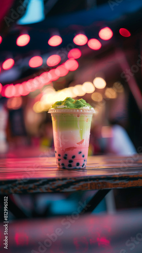 there is a cup of bubble tea on a table with lights in the background