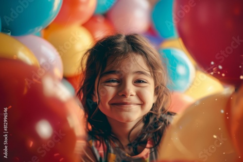 A young girl smiles joyously amid a vibrant flurry of multicolored balloons, depicting a festive and cheerful atmosphere.   © Kishore Newton