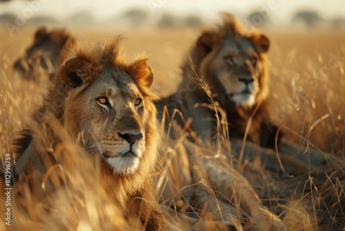 Pride of lions resting in tall grass at sunset  a serene scene capturing the social nature and quiet strength of these majestic creatures.  