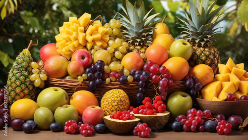 There are several different kinds of fruit on a table.