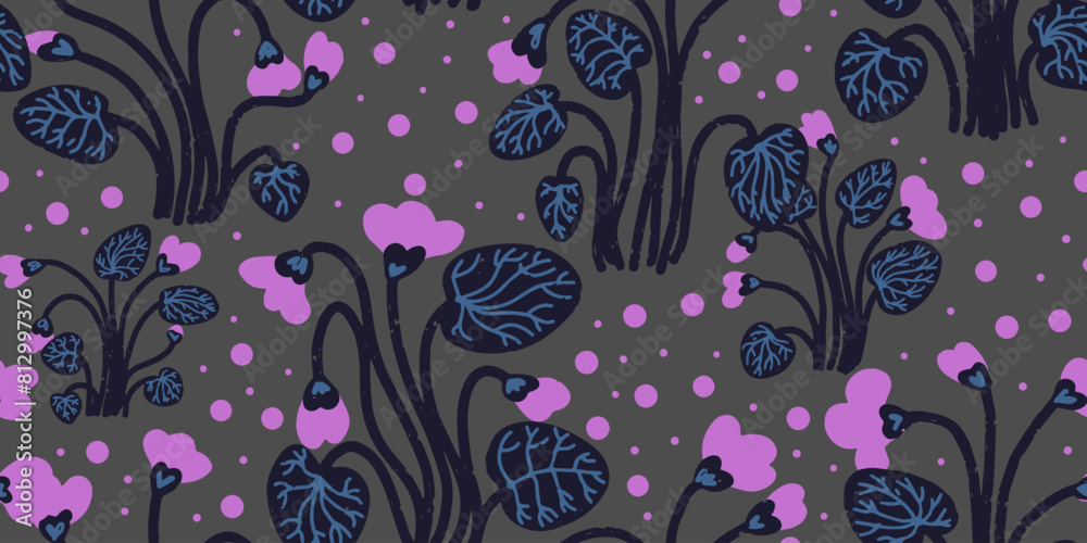 Texture violets. Forest flowers. Cartoon style. Hand drawn elements. Vector seamless overlapping pattern. Texture violets. Forest flowers. Cartoon style. Hand drawn elements. Vector seamless overlapping pattern.