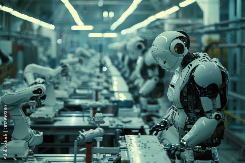 A high-tech assembly line featuring humanoid robots working meticulously on intricate machinery parts. The image showcases advanced robotics, automation, and futuristic technology A high-tech assembly line featuring humanoid robots working meticulously on intricate machinery parts. The image showcases advanced robotics, automation, and futuristic technology