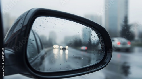 Car mirror in a stock photo symbolizes reflection, perspective, and awareness. It represents the importance of looking back, being mindful of surroundings, and gaining insights from past experiences  photo