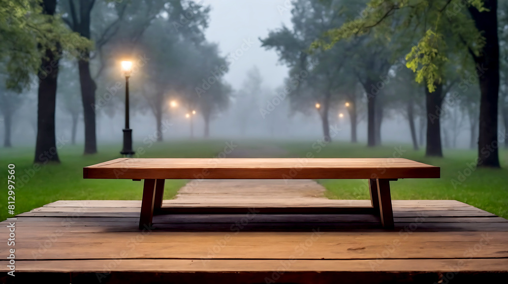 Wooden table on the background of the evening foggy park Wooden table on the background of the evening foggy park