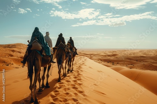 Group of people riding camels in desert  adventure travel  exploring sandy dunes under clear sky. 