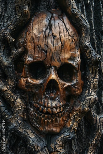 Carved Wooden Skull Embedded in Tree Bark 