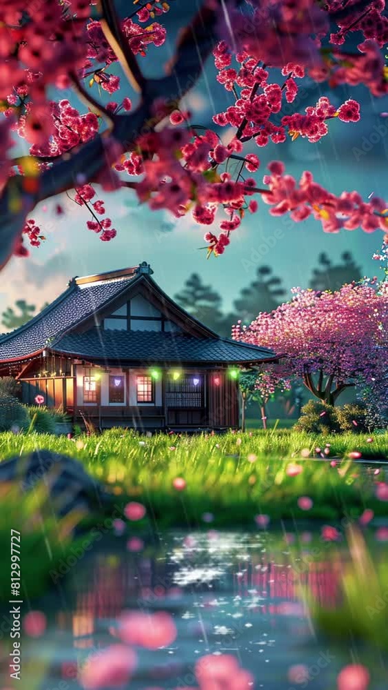 japanese tradisional house in the garden with cherry blossoms background. Cartoon or anime watercolor digital painting illustration style. seamless looping 4k video animation background. japanese tradisional house in the garden with cherry blossoms background. Cartoon or anime watercolor digital painting illustration style. seamless looping 4k video animation background.