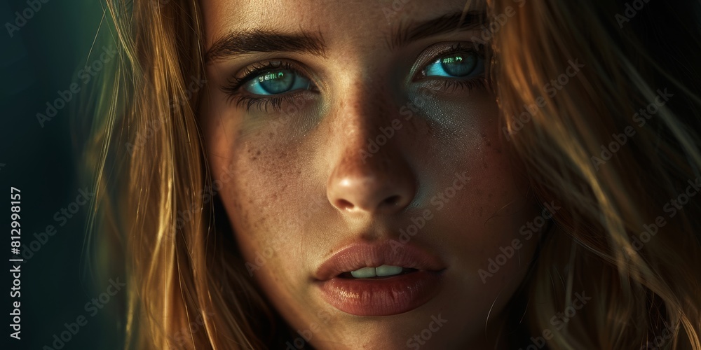 Stunning digital art portrait of a woman with mesmerizing green eyes and soft freckles against a shadowy background, conveying a mysterious allure.
Stunning digital art portrait of a woman with mesmerizing green eyes and soft freckles against a shadowy background, conveying a mysterious allure.