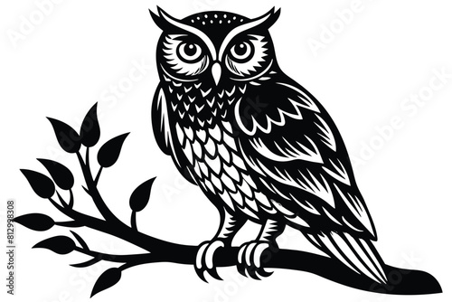 Owl sitting on  a tree branch vector silhouette an white background     