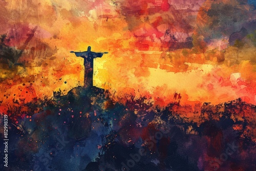 Watercolor concept of Jesus Christs silhouette against a fiery sky on the mount, front view, focusing on divine inspiration, advanced tone, colored pastel