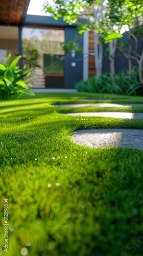 New Artificial or synthetic grass Installed Near Walkway. Ground Perspective of Artificial Grass Installation.Modern home with wooden edged artificial grass. Generative ai