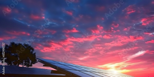 Solar panels on roof generate clean renewable energy at sunset. Concept Solar Energy, Renewable Energy, Clean Technology, Sustainable Living, Solar Panels
