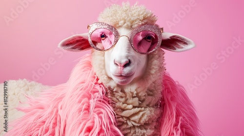 Creative animal concept. Sheep Lamb in glam fashionable couture high end outfits isolated on bright background advertisement, copy space. birthday party invite invitation banner © Graphica Galore
