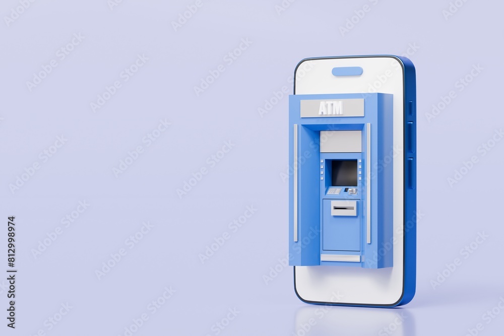 3d ATM Machine with mobile smartphone icon isolated on blue background. Money transfer account online, E-business finance money payment service concept. Minimal 3d ATM money tranfer icon. 3d render.