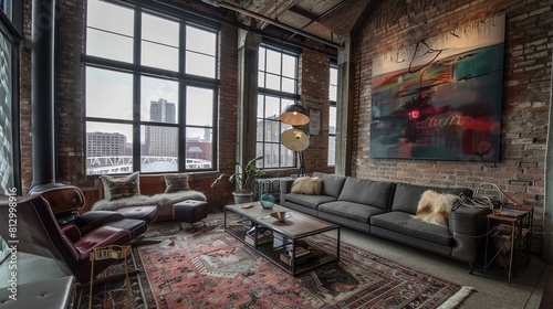 Urban Loft Living Room with City View. A cozy loft living area featuring a mix of modern and vintage furniture, expansive windows, and city views.