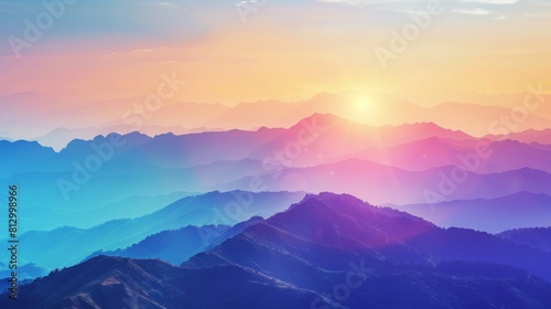 Panoramic view of  colorful sunrise in mountains. Filtered image:cross processed vintage effect. photo