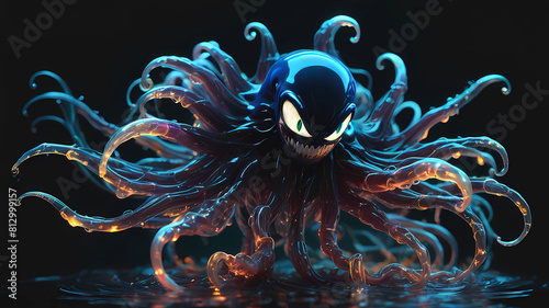 A dazzlingly shimmering sonic symbiote radiates bioluminescent hues, embodying a captivating blend of enchantment and vibrancy. Its luminescent tendrils pulsate with vivid colors, while its ethereal f