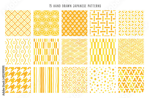 手描きの和柄のシームレスパターンセット