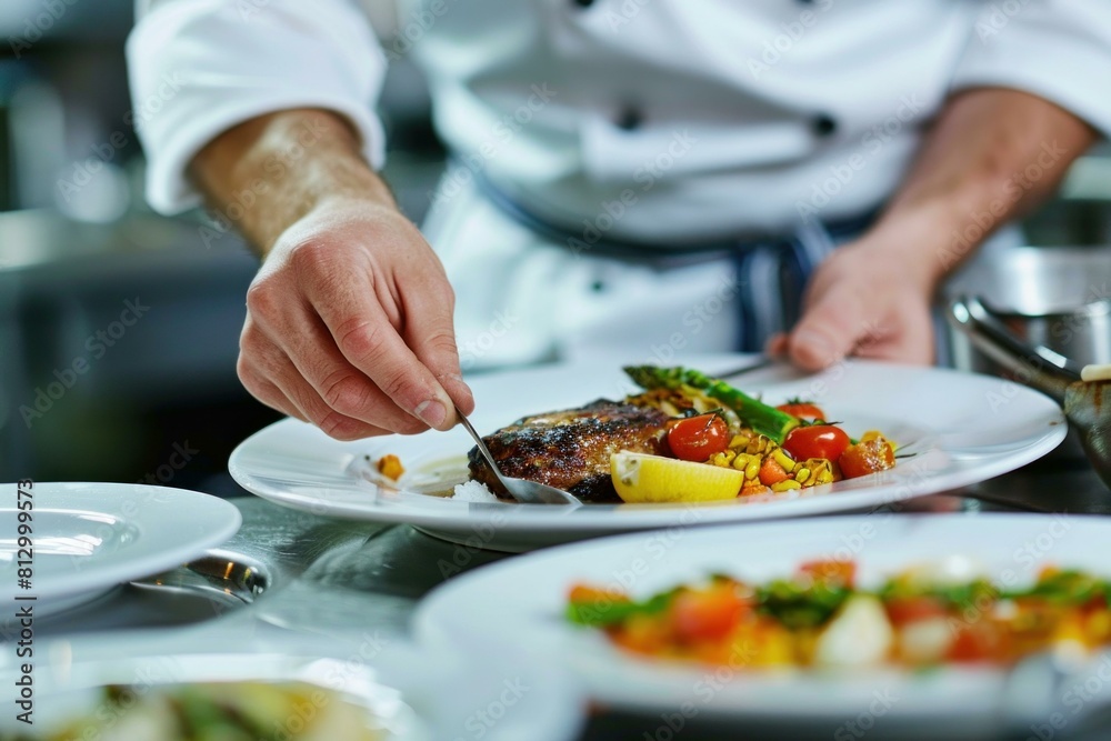 Closeup of a chef in a professional kitchen adding finishing touches to a beautifully plated meal