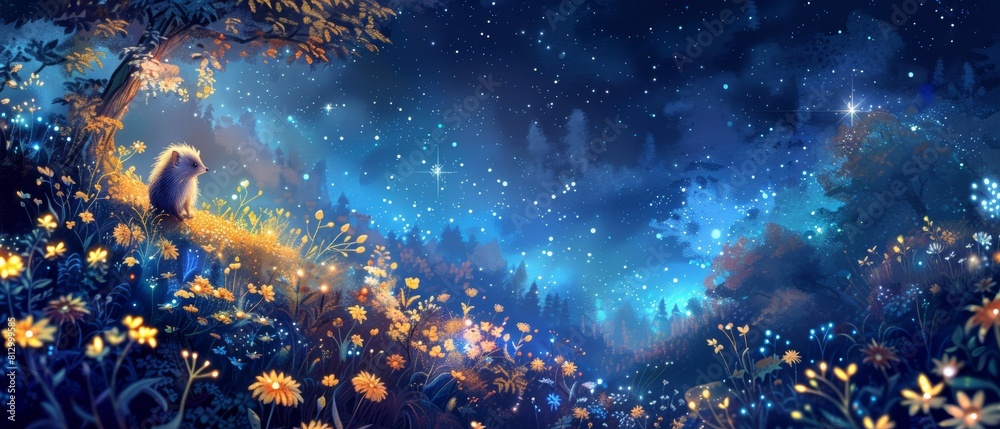 Fototapeta premium Magical Forest Scene with a Lone Hedgehog Under Starry Sky