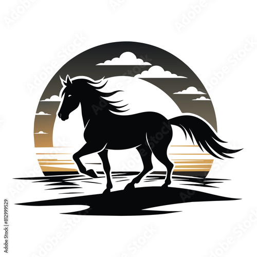 A horse galloping on a beach while a sunset is on the sky vector silhouette on white background