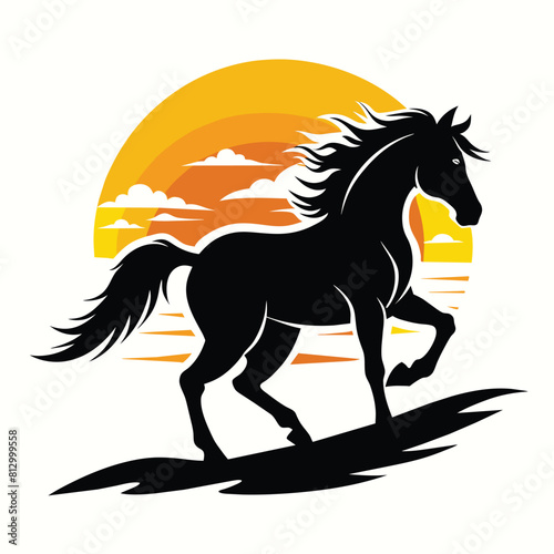 A horse galloping on a beach while a sunset is on the sky vector silhouette on white background