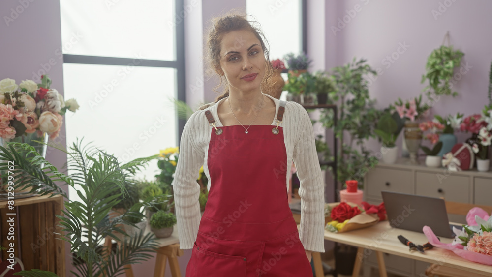 A young woman in a red apron stands among vibrant flowers inside a bright florist shop, exuding beauty and professionalism. A young woman in a red apron stands among vibrant flowers inside a bright florist shop, exuding beauty and professionalism.