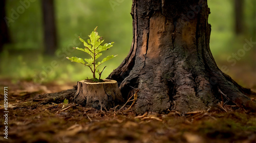 Young tree emerging from old tree stump