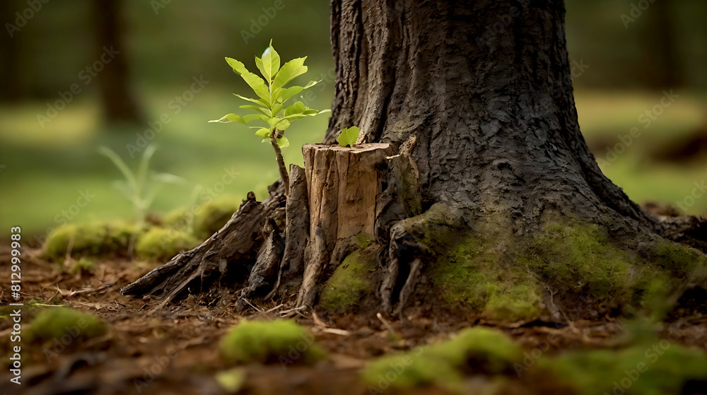 Young tree emerging from old tree stump Young tree emerging from old tree stump