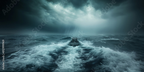 Motorboat navigating tumultuous ocean waves under stormy skies.