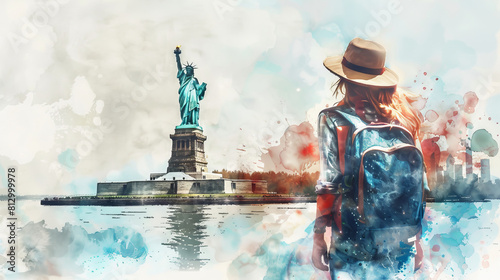Beautiful watercolor painting of Back view of Tourist woman with hat and backpack on vacation in New York, looking at statue of liberty. photo