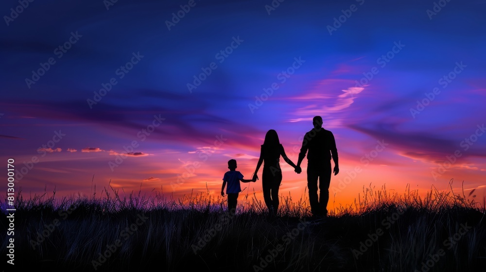 Happy family in the nature together on the evening sunset. Panoramic view. Concept of the vacation and relationship.