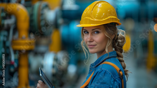 Female engineer with tablet in industrial setting.