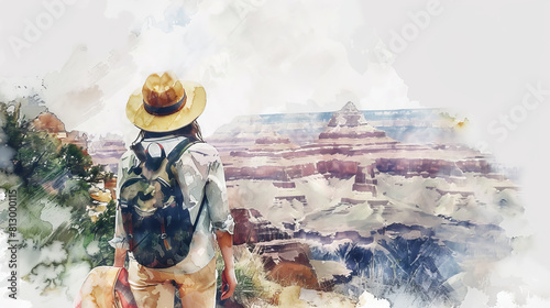 Beautiful watercolor painting of Back view of Tourist woman with hat and backpack on vacation at grand canyon national park. photo