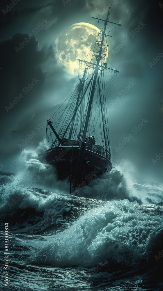 Sailing ship in stormy sea under full moon. Sailing ship in stormy sea under full moon.
