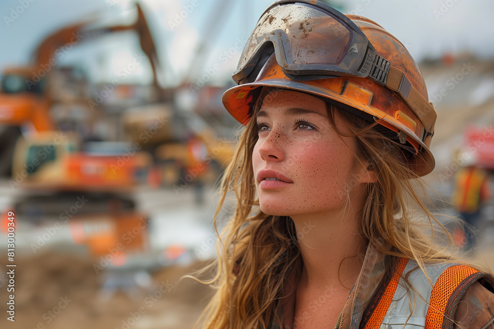 Female construction worker gazing into the distance on site