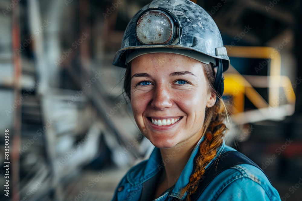 A smiling female miner wearing a safety helmet. A smiling female miner wearing a safety helmet.