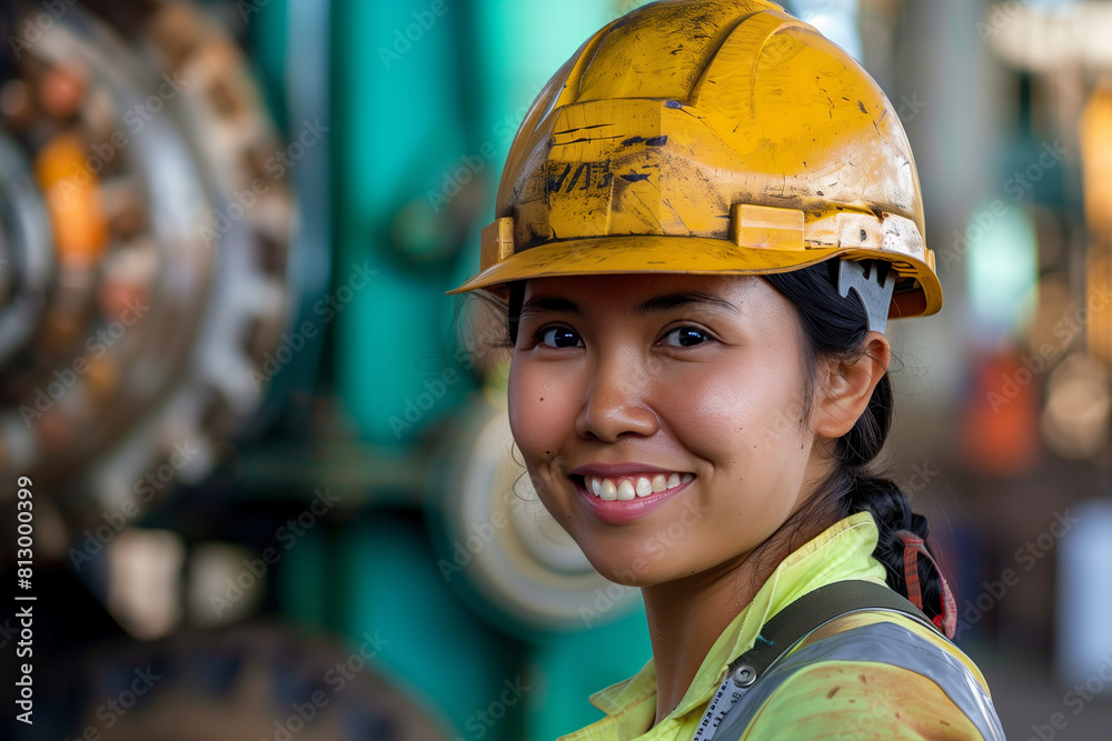 Smiling woman wearing hard hat at industrial site Smiling woman wearing hard hat at industrial site