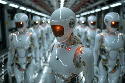 Advanced humanoid robots lined up in a high-tech facility. © connel_design